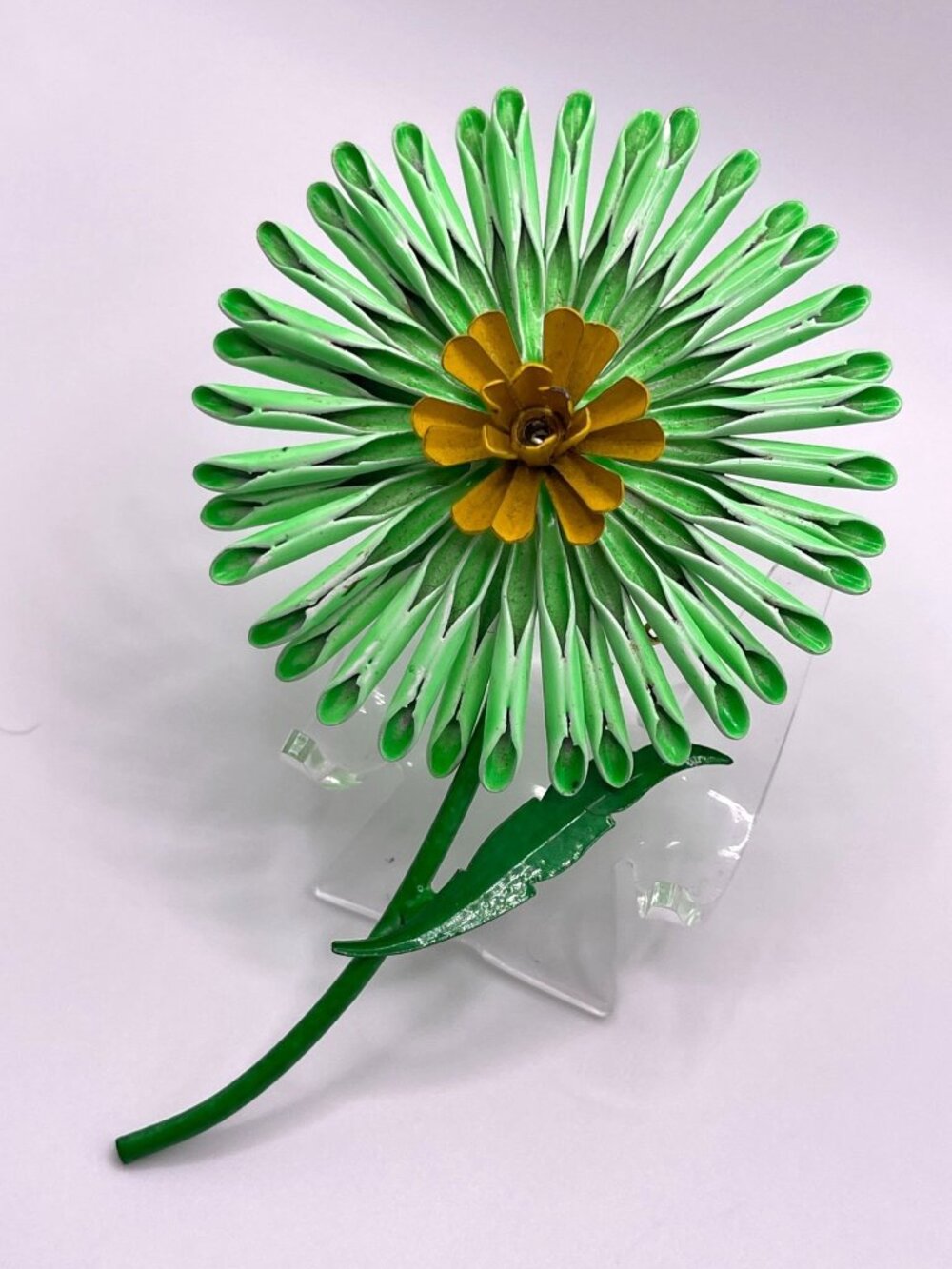 Large Mid-Century Modern Enamel Flower Power Brooch With Bright Green & Yellow P